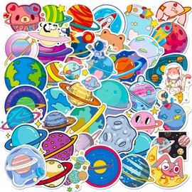 Pack of 50 Space Adventure Sticker Set, Stars, Planets and Solar System Stickers, Waterproof for Laptop, Skateboard, Luggage, Bicycle, Water Bottle and More, for Boys and Creative Children