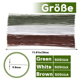 Florist Wire, Pack of 150 Floristry Wire, 0.8 mm, Green, White, Brown Craft Wire, Flower Wire, Green, 30 cm Long, for Making Flower Crafts, Artificial Flowers, Flower Bouquets