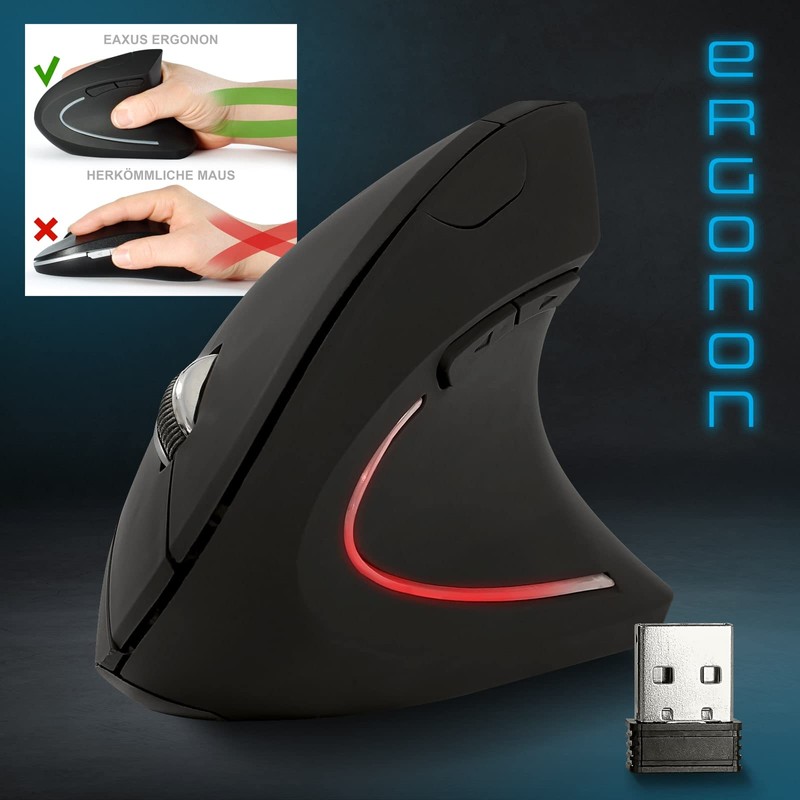 Eaxus® Ergonon Vertikale Maus kabellos - Hochkant USB Maus ergonomisch,