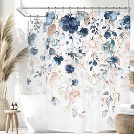 Ufeela Extra Wide Pink and Blue Floral Shower Curtain 180Wx70H Inch Spring Summer Flower Eucalyptus Leaf Shabby Chic Plant Botanical Bathroom Set Country Bath Curtain Bathtub Accessories Home Decor
