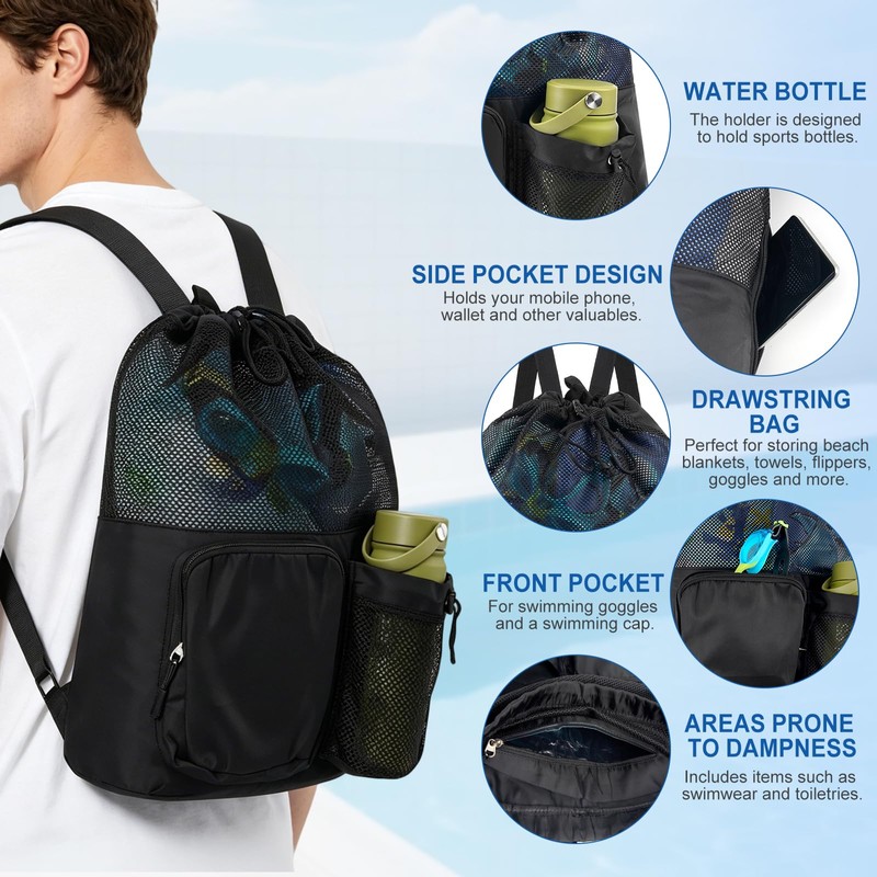 Leikedun Swimming Bag Mesh Drawstring Backpack for Adults Kids, Waterproof