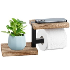 Pavlleen Toilet Roll Holder Wood Bamboo | No Drilling with Shelf | Matte Black | Elegant Toilet Roll Holder for Bathroom and Kitchen | Steel Bamboo Design | Gluing or Drilling Options
