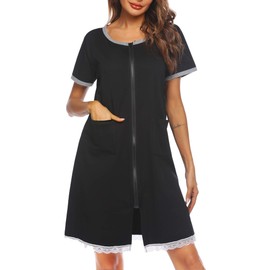 Ekouaer Womens Zipper front Housecoats Short Sleeve Bathrobes Lace Trim Nightgown with Pockets