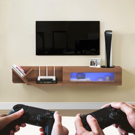 Pmnianhua Rustic Floaing TV Stand with LED Lights,59'' Wall Mounted Media Console,Floating Entertainment Center,Floating Shelf with Glass Door and Storage for Under TV Projector(White)