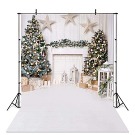 Avezano Christmas Photography Backdrop for Children Kids Portrait Photoshoot Indoor White Fireplace Wood Floor Xmas Background for Photo Studio (5x7ft)