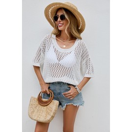 Sexybody Women Short Sleeve Crochet Sweater Crew Neck Pullover Knit Top Hollow Out Casual Sheer Outfits Beach Coverup