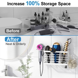 Sevenblue Hair Tool Organizer, 3-in-1 Universal Hair Dryer Holder, Adjustable Height Metal Bathroom Organizers and Storage for Hair Dryer, Flat Iron, Curling Iron, Hair Straightener(White)
