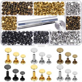 sinzau Leather Rivets, 3 Sizes 4 Colours Double Cap Rivet, Tubular Metal Studs with 3 Fixing Tools, Pack of 180