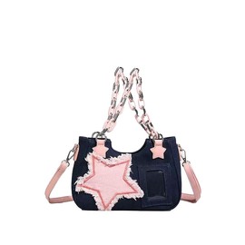OATSBAS Cute Shoulder Bag Crossbody Bag for Women Y2K Star Patchwork Denim Messenger Bag Handbag for Teen Girls (Navy Blue)
