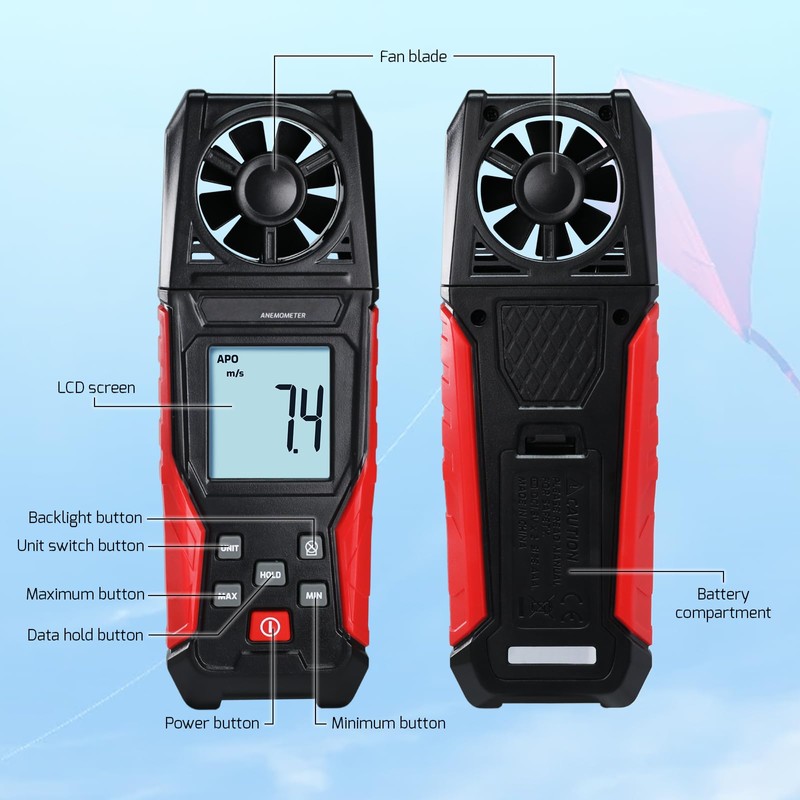 Digital Anemometer Wind Speed Meter (0.3-30 m/s) Air Velocity &