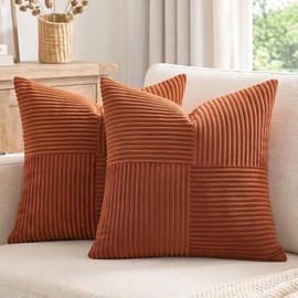FDTERN Set of 2 Rust Red Corduroy Cushion Covers, 60 x 60 cm, Soft Modern Decorative Cushion Covers, Sofa Cushion, Boho Autumn Decoration for Sofa, Bedroom, Living Room, Bed