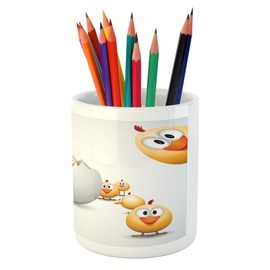Ambesonne Easter Pencil Pen Holder, Happy Chicks Emerging out of a Cracked Egg Funny Cartoon Style Animals, Printed Ceramic Pencil Pen Holder for Desk Office Accessory, Orange Yellow White