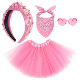 NSODREEM Pink Western Headband Tutu Set Adult Tutus for Women with Cowgirl Head band Heart Glasses Bandana Hair Accessories Bachelorette Outfit Gifts (Pink Western Headband)