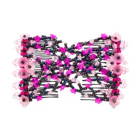 Ruihfas Vintage Beaded Crystal Flower Easy Stretchy Double Clips Hair Comb Hair Accessories (Pink)
