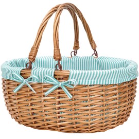 G GOOD GAIN Oval Picnic Basket with Folding Handles, Willow Hand Woven Shopping Basket, Bath Toy Kids Toy Storage Gift Packing Basket, Wicker Empty Easter Eggs and Candy Small Gift Basket.Green