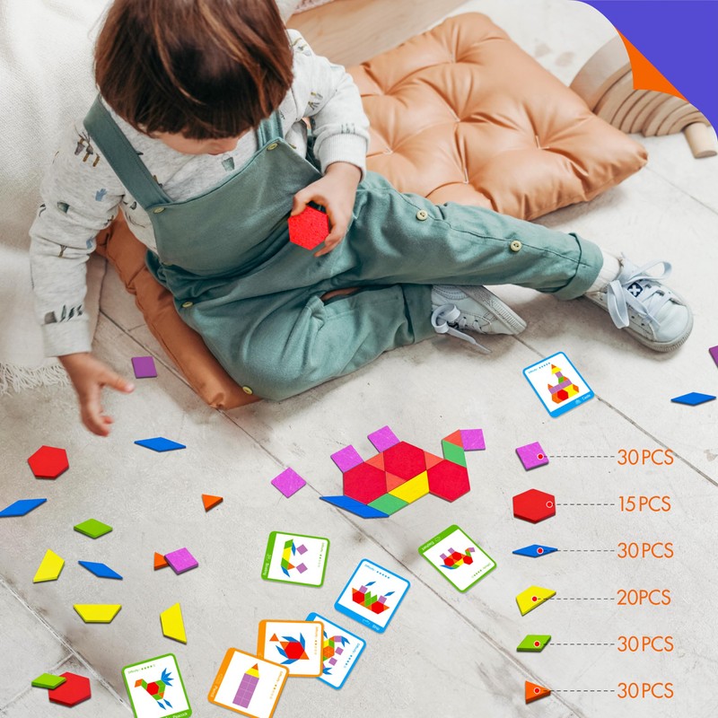 155 PCS Wooden Pattern Blocks Set, 24 Double-Sided Design Cards(48
