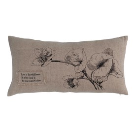 Creative Co-Op 24 Inches Linen Blend Printed Lumbar Saying Text, Flowers, and Bird Designs, Natural and Black Pillow