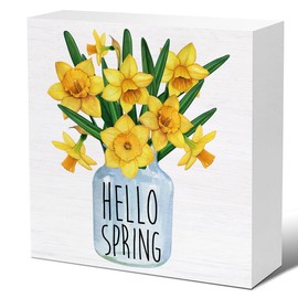 Spring Decor - Hello Spring Decorations - Floral Wooden Decorative Sign - Rustic Home Decor for Desk Table Shelf 5 x 5 Inches