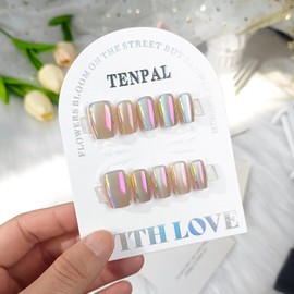 TENPAL Aurora Cat Eye Press on Nails Short Square Handmade Gel Fake Nails Acrylic Glossy Nails Press ons 10pcs/Box Reusable Glue on Nails Short for Girls Women Daily Party Wearing(XS)