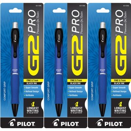PILOT G2 Pro Refillable & Retractable Rolling Ball Gel Pen, Fine Point, Blue Barrel, Black Ink, Single Pen - 3 Pack