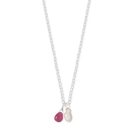 Pink Tourmaline and Cultured Freshwater Pearl Pendant Charm Necklace Sterling Silver