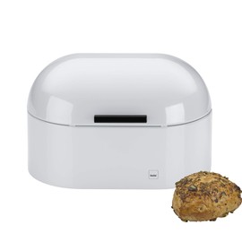 kela Friscolino Metal Bread Bin with Ventilation Holes 25 x 15 x 17 cm, Small Bread Box with Hinged Lid, Bread Storage Box, Glossy White