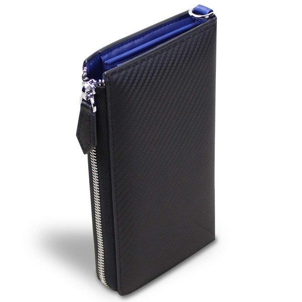 Spirimo Men's Long Wallet, Carbon Leather, L-Shaped Zipper, Genuine Leather,
