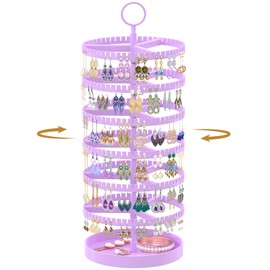 MODOWEY Rotating Earring Holder Organizer Display Tree with Metal Tray, Adjustable Plastic Stand with 342 Slots for Stud Hoop Hanger, Large Capacity Storage Rack for Women (6 Tier, Purple)