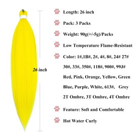 Yellow Braiding Hair Pre Stretched 26 Inch Long Prestretched Prestressed Braiding Hair Synthetic Fake Colored Hair Extensions for Braiding Twist Box Braids Crochet Hair (Yellow Braids 3 Packs)