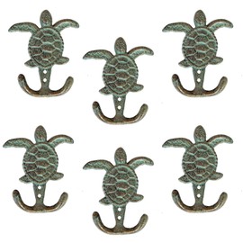 Decoronix Cast Iron Sea Turtle Double Hook Pack of 6 - Bronze with Green Verdigris Patina, Decorative Wall Hooks for Towels, Coats & Bags, Rustic Vintage Coastal Decor, Indoor & Outdoor 6"x4"x2.5"