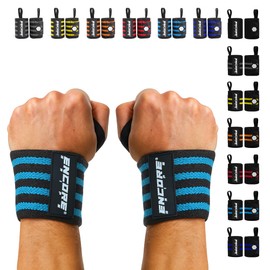 Encore Grips Wrist Wraps for Strength Training, Fitness & Bodybuilding, Wrist Wraps for Gym & Crossfit, Sturdy Wrist Support for Weightlifting & Intensive Training (Black/Light Blue-V2)