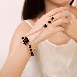 Obmyec Boho Crystal Bracelets Flower Gold Layered Finger Hand Chain Rhinestone Black Ring Hand Chains Slave Hand Hardness Bracelets for Women