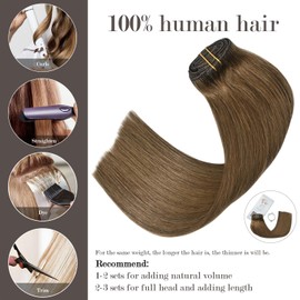 Honsoo Clip in Real Human Hair Extensions, Chestnut Brown 22inch 70g 7pcs Straight Silky Brown Natural Hair Extensions