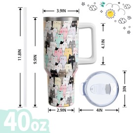 Cat Gifts 40 Oz Tumbler with Handle and Lid Straw, Cute Stainless Steel Double Walled Vacuum Insulated Cup, Cats Lover Birthday Gifts for Women Men