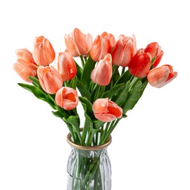 Guwawi 20PCS Artificial Tulip Flowers - 13.7" Real Touch Fake PU Tulips Bouquet Faux Spring Flowers for Office Table,Bedroom,Kitchen Home Mothers Day Easter Decoration (Champagne Yellow)