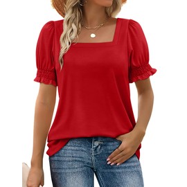 WIHOLL Womens Fashion Square Neck Tops Short Sleeve Red Shirts Summer Outfits 2025 3XL