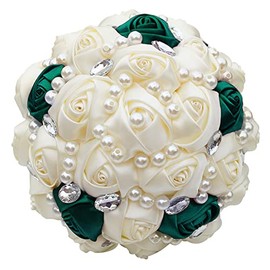XINNI Handmade Bridal Wedding Bouquet Bride Bridesmaids Satin Rose Flower Bouquet with Rhinestones and Pearls for Wedding Ivory and Emerald Green