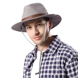 Comhats UPF 50 Cotton Safari Fedora Aussie Hat Men, Womens UV Protection Sun Hat for Fishing Hiking Walking, Summer Bush Hat, Wide Brim Travel Adventurer Hat, Grey XL