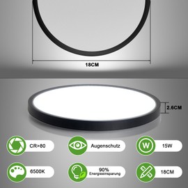 Laittiin Ceiling Light LED Ceiling Light Flat 15 W Black Bathroom Lamp 18 cm Round Bedroom Lamp 6500 K Cool White Hallway Lamp Kitchen Lamp Ceiling for Hallway Living Room Children's Room Balcony