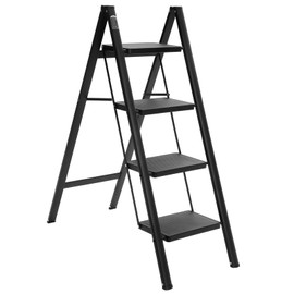 BOCOM 4 Step Ladder, Lightweight Portable Foldable Collapsible Folding Sturdy Steel Metal Step Stool with Anti-Slip Wide Pedal, Heavy Duty 330 lbs Capacity, for Home, Kitchen, Closet, Adults, Black