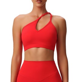 Aoxjox Women's Workout Sports Bras One Shoulder Caley Asymmetrical Bra Fitness Exercise Gym Yoga Crop Tank Top (Racing Red, X-Large)