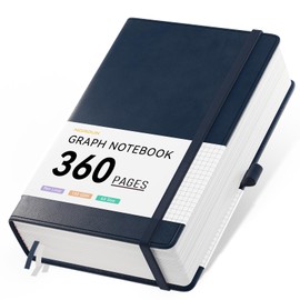 NORDUN 360 Pages A5 Graph Notebook,Leather Hardcover with Sticky Notes&Inner Pocket，100gsm Thick Paper Squared Journals Notebook for Men Women Writing School,Office,Home,14.5 x 21cm - Dark Blue