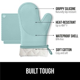 GORILLA GRIP BPA-Free Soft SIlicone Oven Mitts and Potholder Set of 4, Heat Resistant Hot Pads, Thick Cotton Lined Cooking Mitt, Long Gloves Protect Hands, Kitchen Waterproof Trivet Mats, 12.5 in Mint