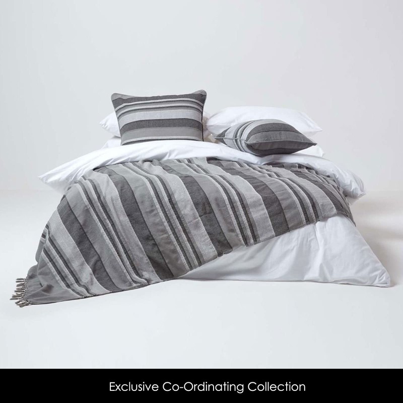 HOMESCAPES Light Grey Throw “Morocco” Cotton Textured Stripe Throw 150