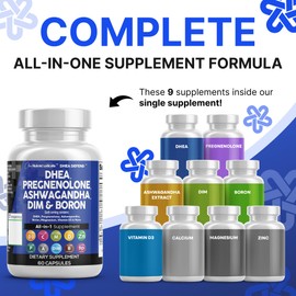 DHEA 200mg Supplement Pregnenolone 100mg for Men & Women with DIM Ashwagandha Boron 6mg Complex Calcium Magnesium Zinc 50mg Vitamin D3 5000 iu Hormone Support Capsules Pills - Made in USA 60 Ct
