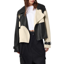 Tankaneo Womens Leather Jacket Fall Casual Oversized Jackets Trendy Color Block Motorcycle Cropped Coat