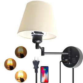 Lysed Wall Lamp Plug in with USB and 2 Pin Socket,Wall Mount Lights That Plug in Cord and Switch,Wall Mount Lights for Bedroom Reading Lamps,Nightstand(Bulbs Not Included)