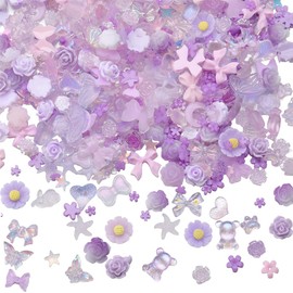 SUNNYCLUE 1 Box 6 Bags Purple Nail Charms Nail Resin Charms 3D Heart Nail Art Nail Accessories Charms Charms with Flat Back 3D Butterfly Nail Art Charm Bear Flower Heart Resin Cabochons for Nail A