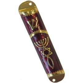 Holy Land Market Messianic Seal Mezuzah Golden case - 4.1 Inch with Scroll Included - Red