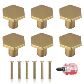 DSFSAEG 6Pcs Hexagonal Copper Cabinet Door Knob with 6Pcs Screw and Screwdriver, Gold Drawer Pulls Door Handles, Kitchen Furniture Cupboard Drawer Cupboard Dresser Handles Knobs